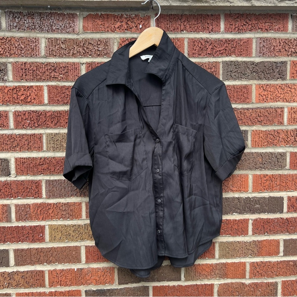 Rose + Olive Black Collared Button Down Short Sle… - image 1